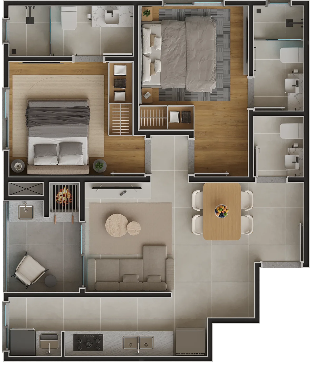 Planta do apartamento tipo 01 do Selent Green Horizon, com duas suítes, living, cozinha e sacada